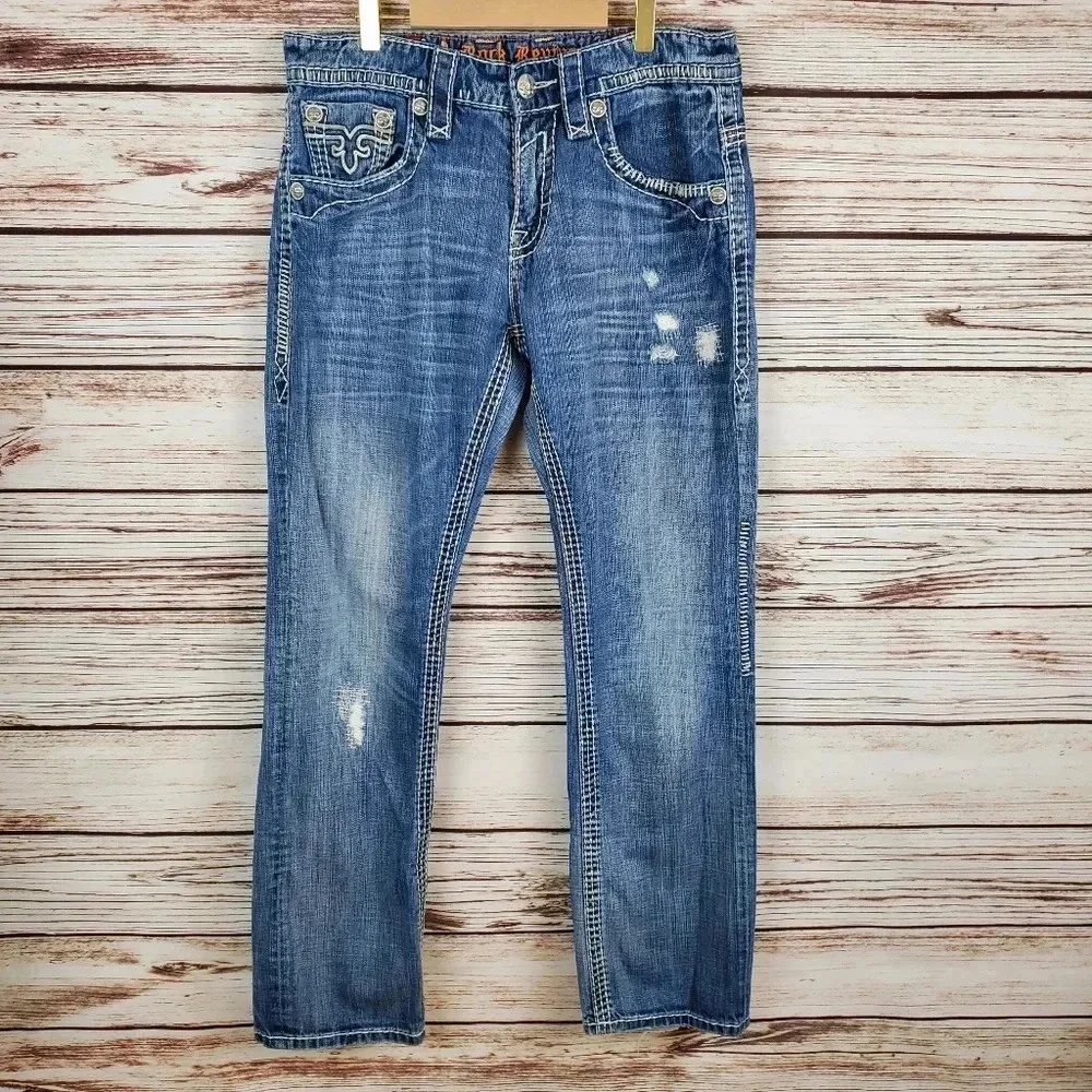 Rock Revival Men's 32x32 Brant Straight Leg Disterssed Jeans Buckle Exclusive